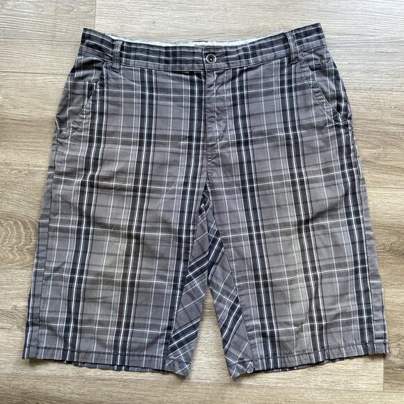 Prana Shorts Mens 34” Gray Plaid Chino Cotton Lycra 12” Inseam Flat Front Pocket - Picture 1 of 16